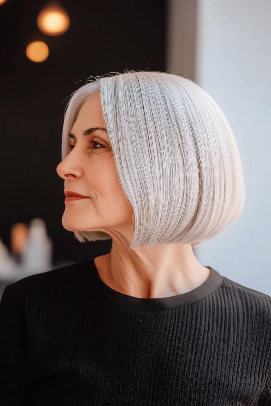 Ältere Frau mit einem klassischen Bob und weißem Haar.