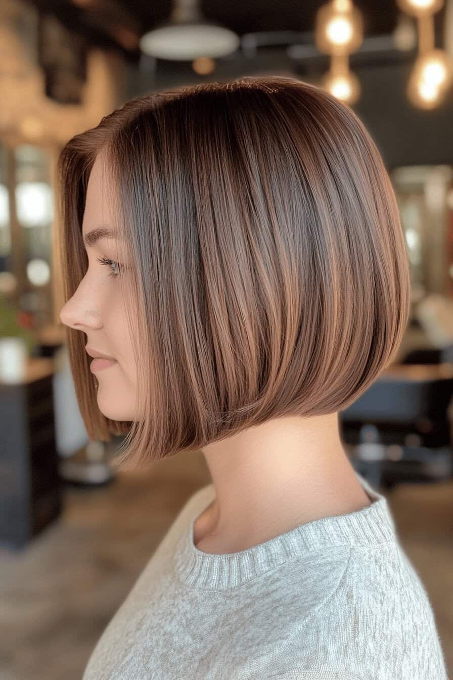 Seitliches Profil einer Frau mit glattem Bob-Haarschnitt in einem Friseursalon