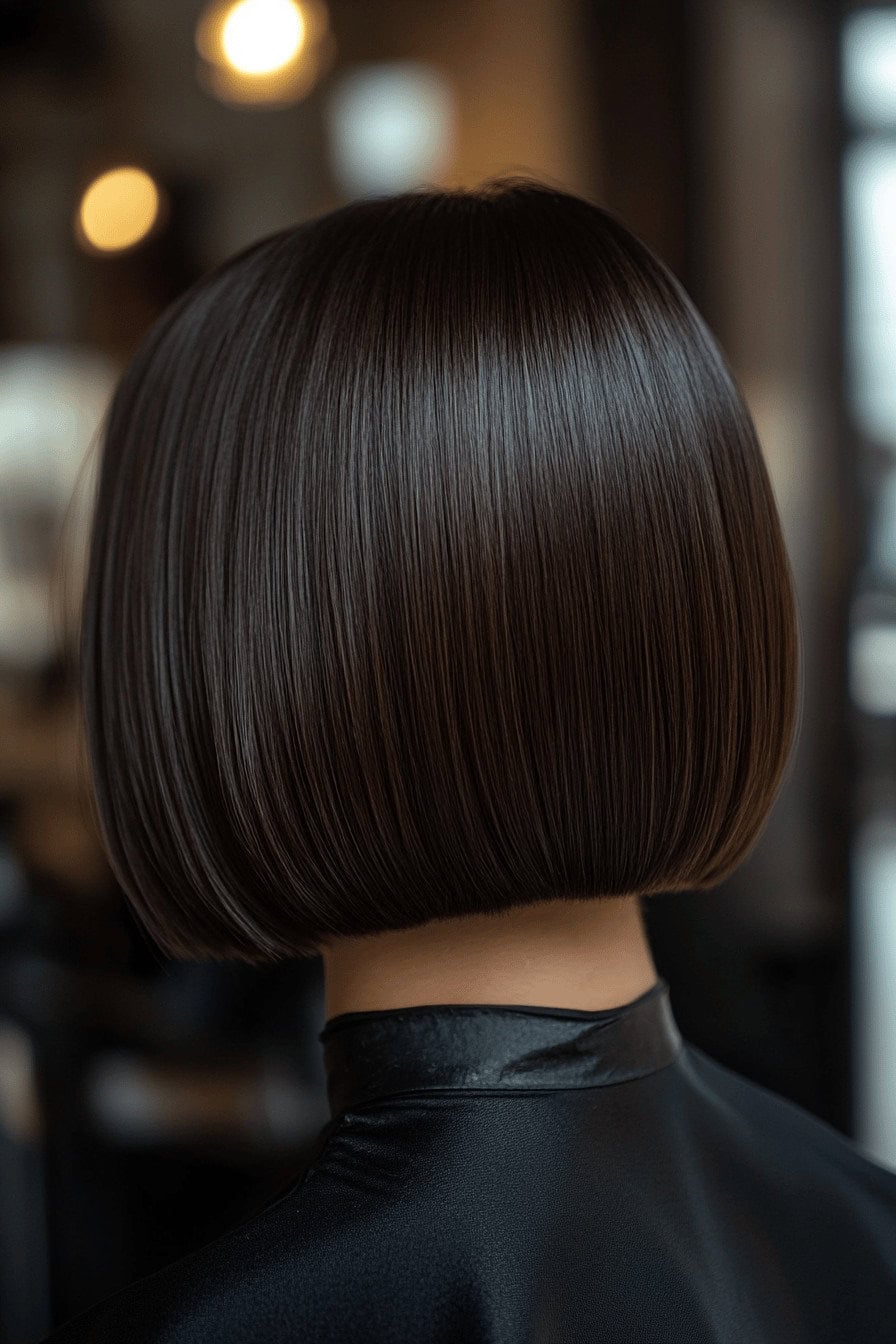 Nahaufnahme eines klassischen Blunt Bob Haarschnitts im mittellangen Stil.