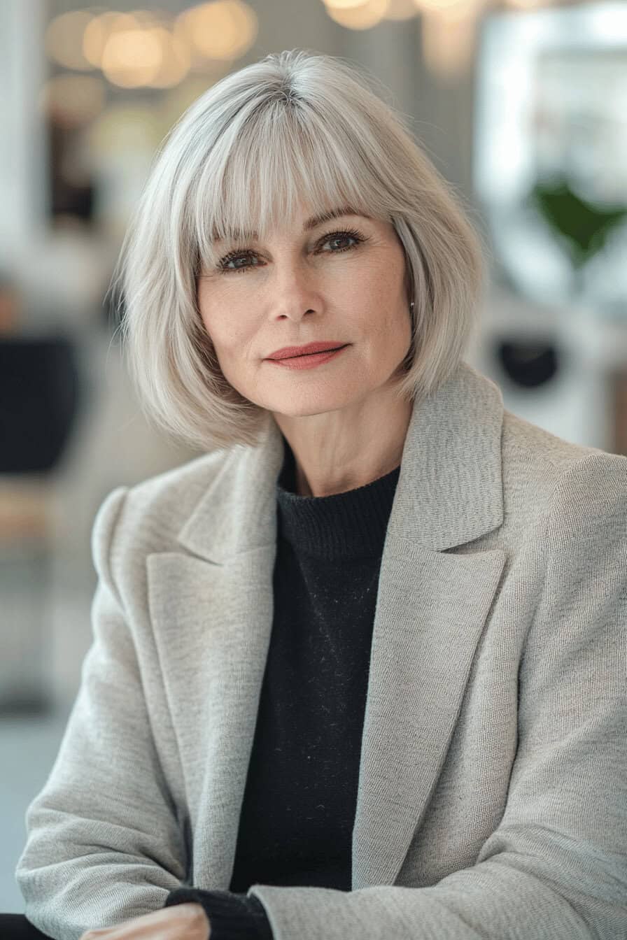 Ältere Frau mit klassischem, stufigem Bob und Pony, trägt einen grauen Blazer.