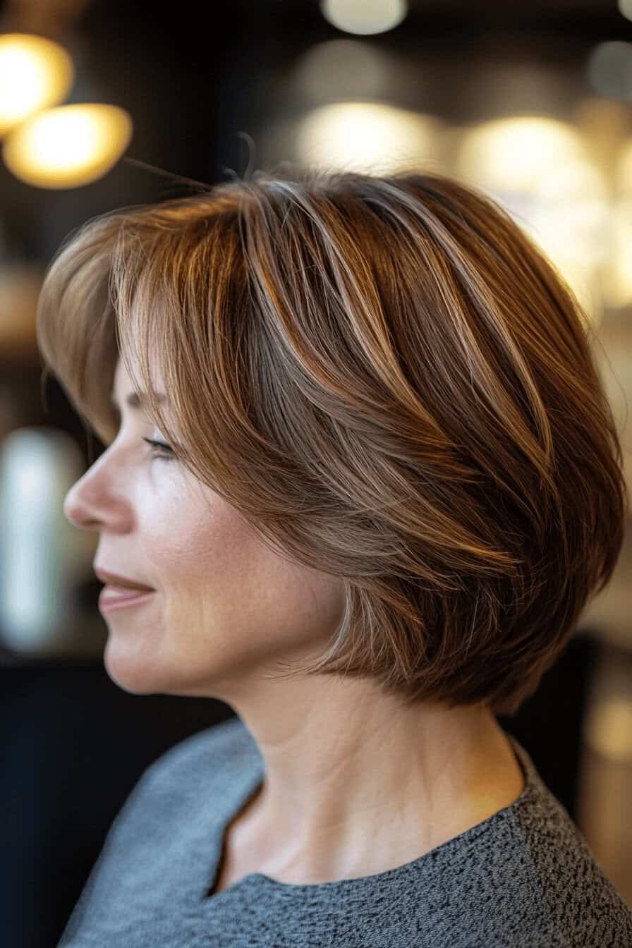 Nahaufnahme einer Frau mit einem gestuften Bob-Haarschnitt.