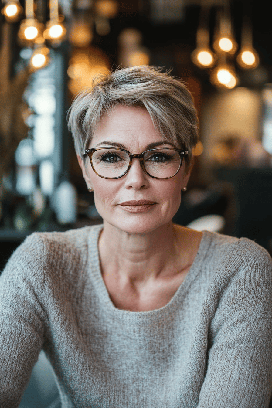 Frau mit kurzem grauen Haar und Brille in einem gemütlichen Café.