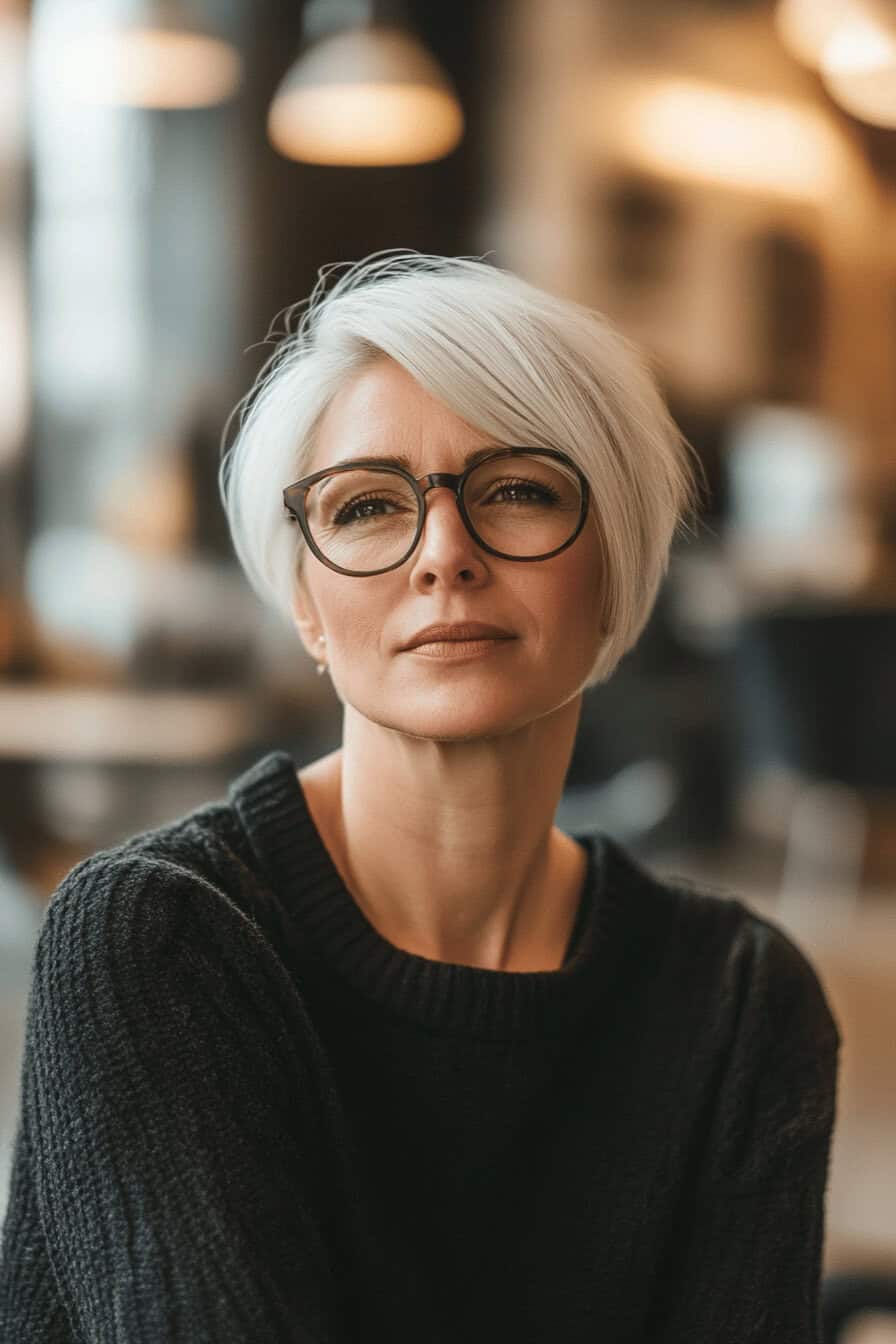 Frau mit kurzen weißen Haaren und Brille in einem Café.
