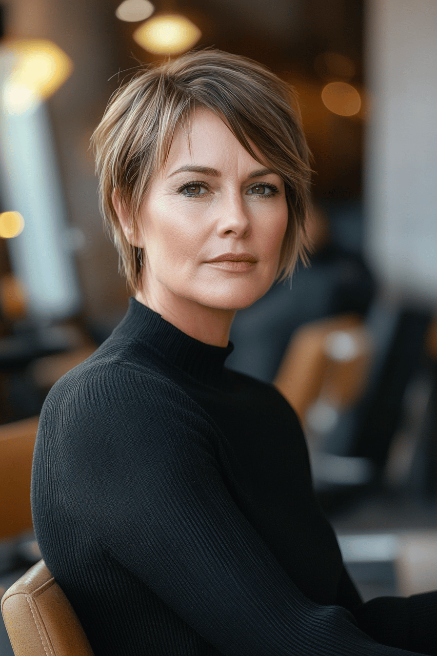 Frau mit kurzem Bob und Undercut in schwarzem Oberteil.