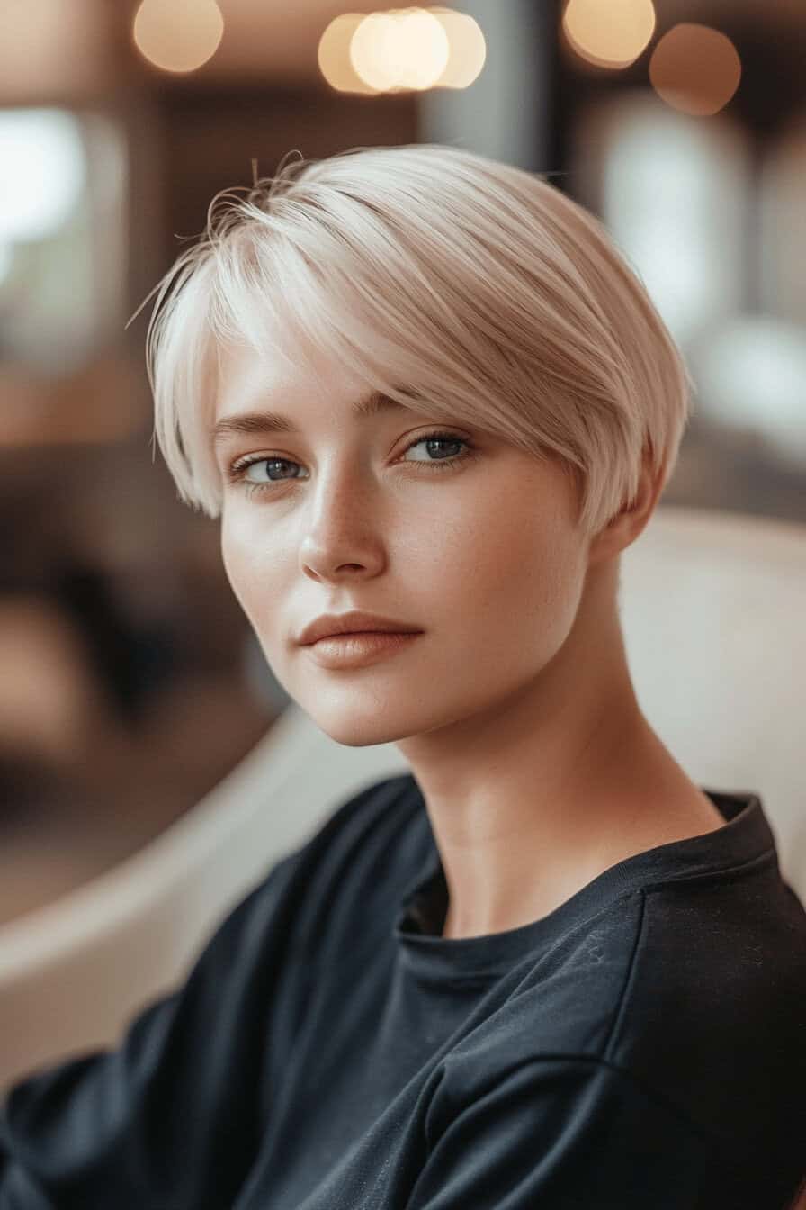 Frau mit kurzem, blondem Pixie Bob, die sanft in die Kamera schaut.