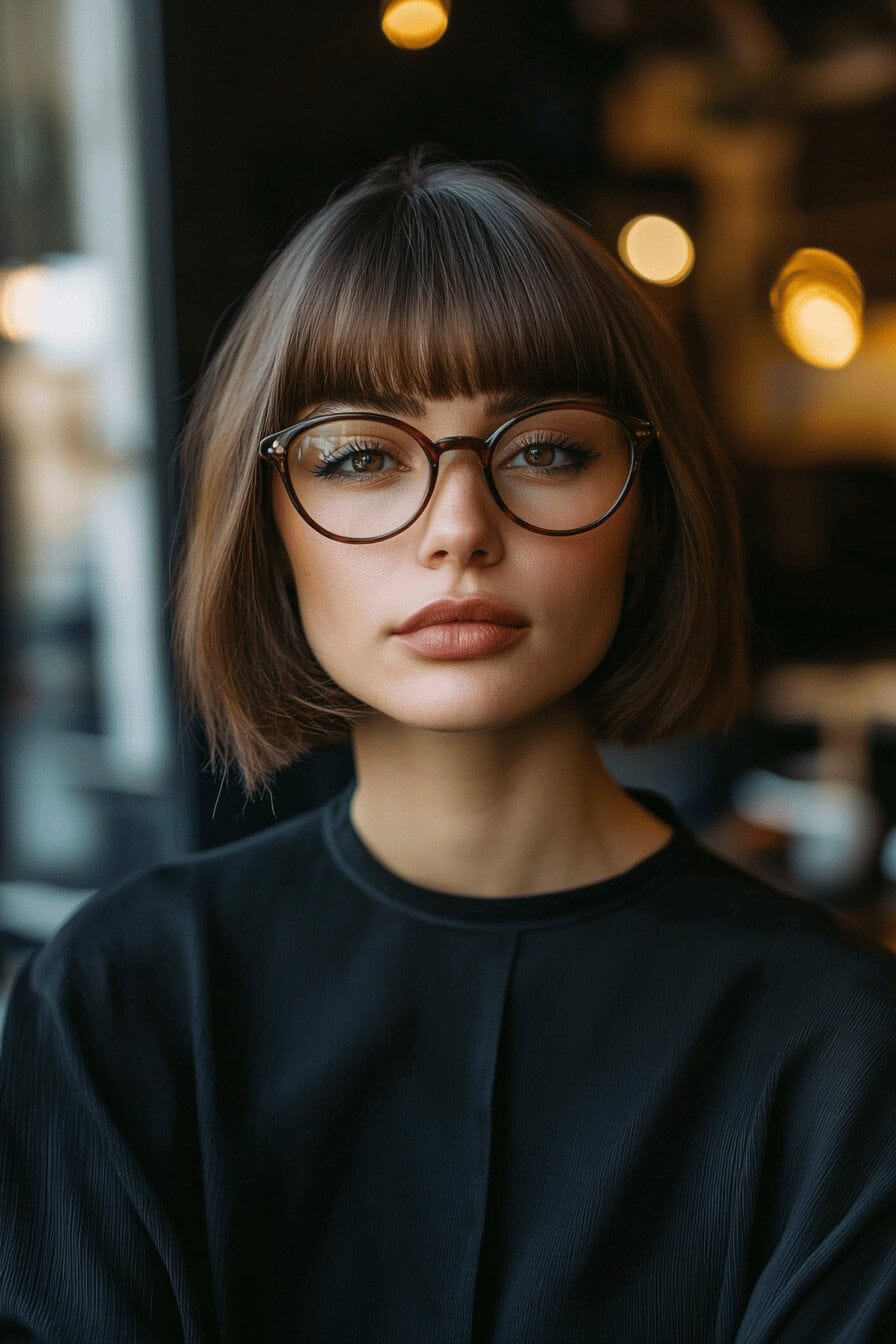 Frau mit modernem Kurzhaarschnitt und Brille in einem Café.
