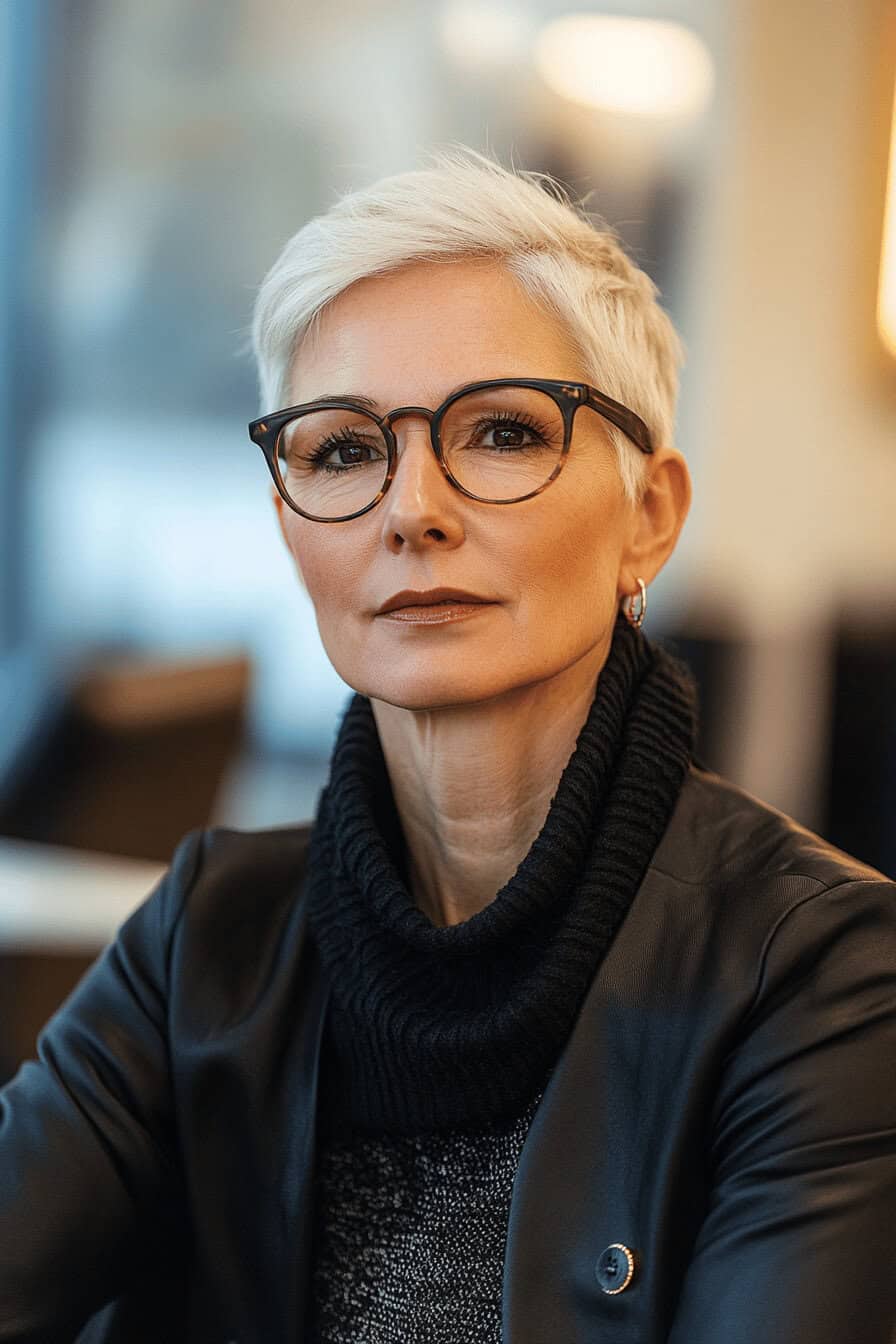 Frau mit kurzen weißen Haaren und Brille, elegant gekleidet.