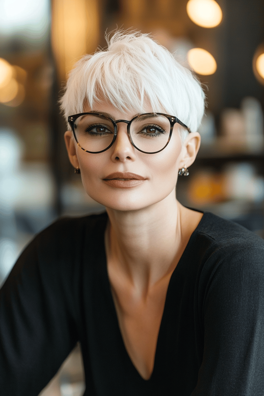 Frau mit kurzem weißen Haar und Brille.