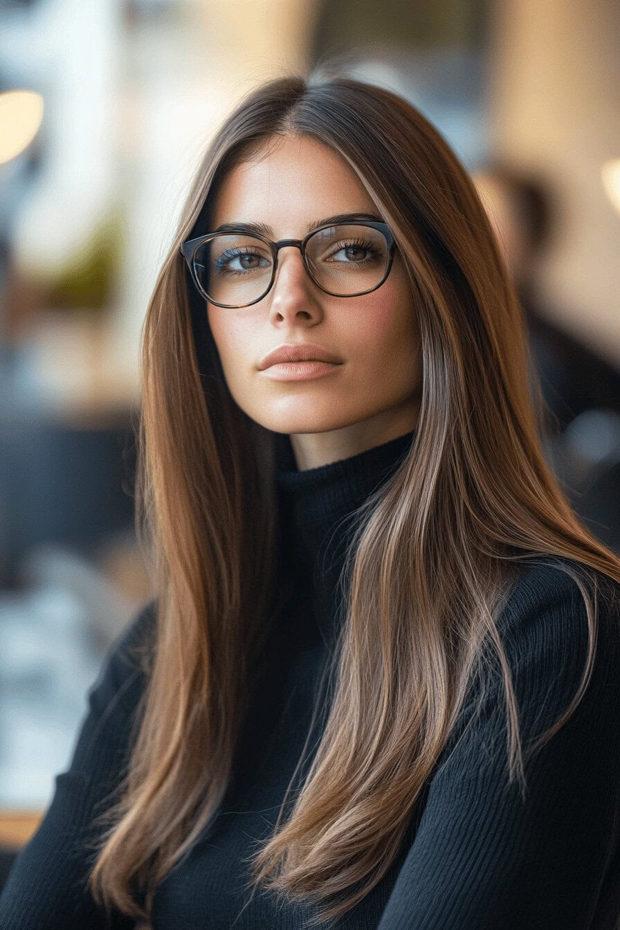 Frau mit langen Haaren und Brille in einem schwarzen Rollkragenpullover.