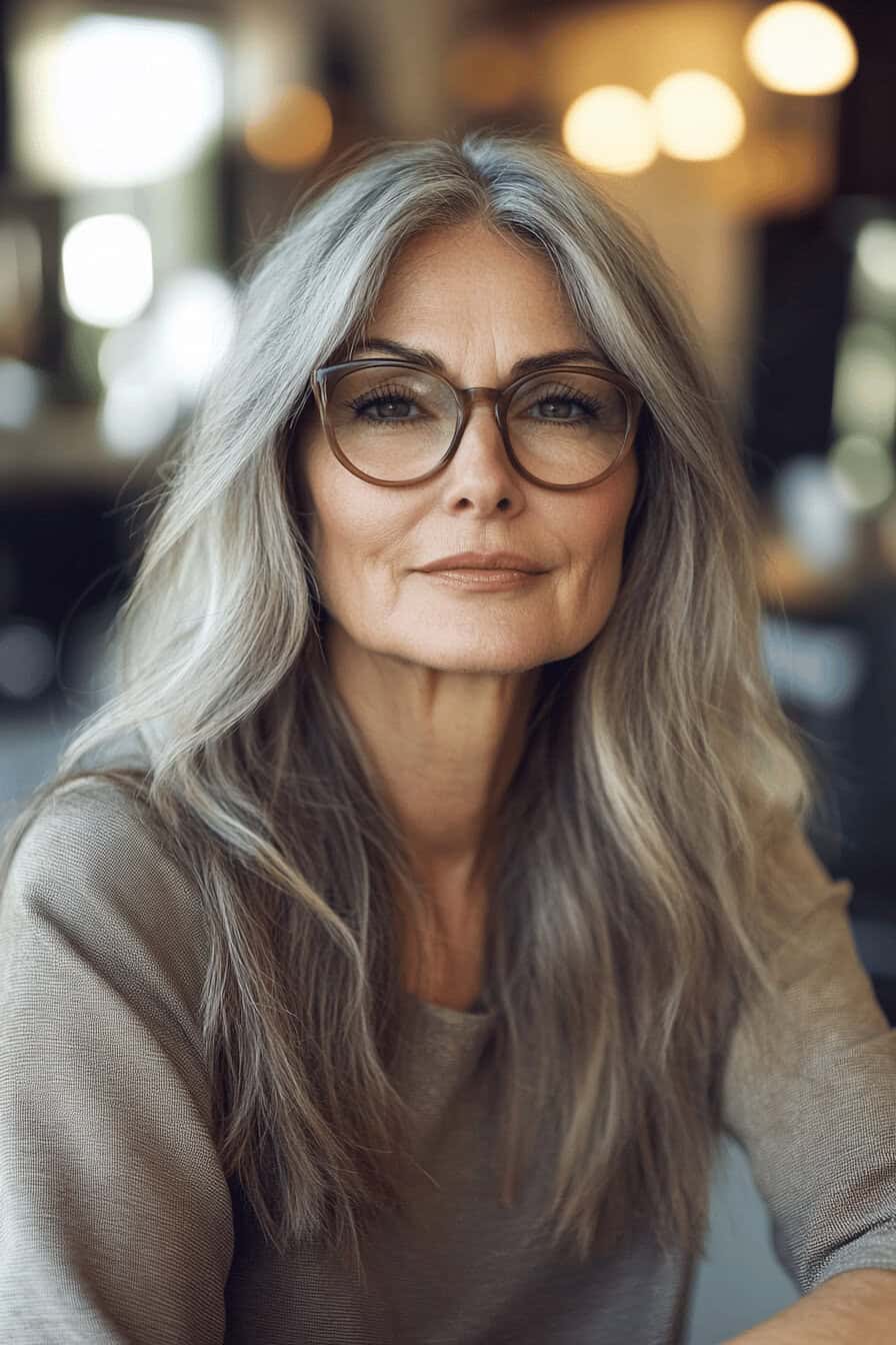 Ältere Frau mit langen grauen Haaren und Brille in entspannter Pose.