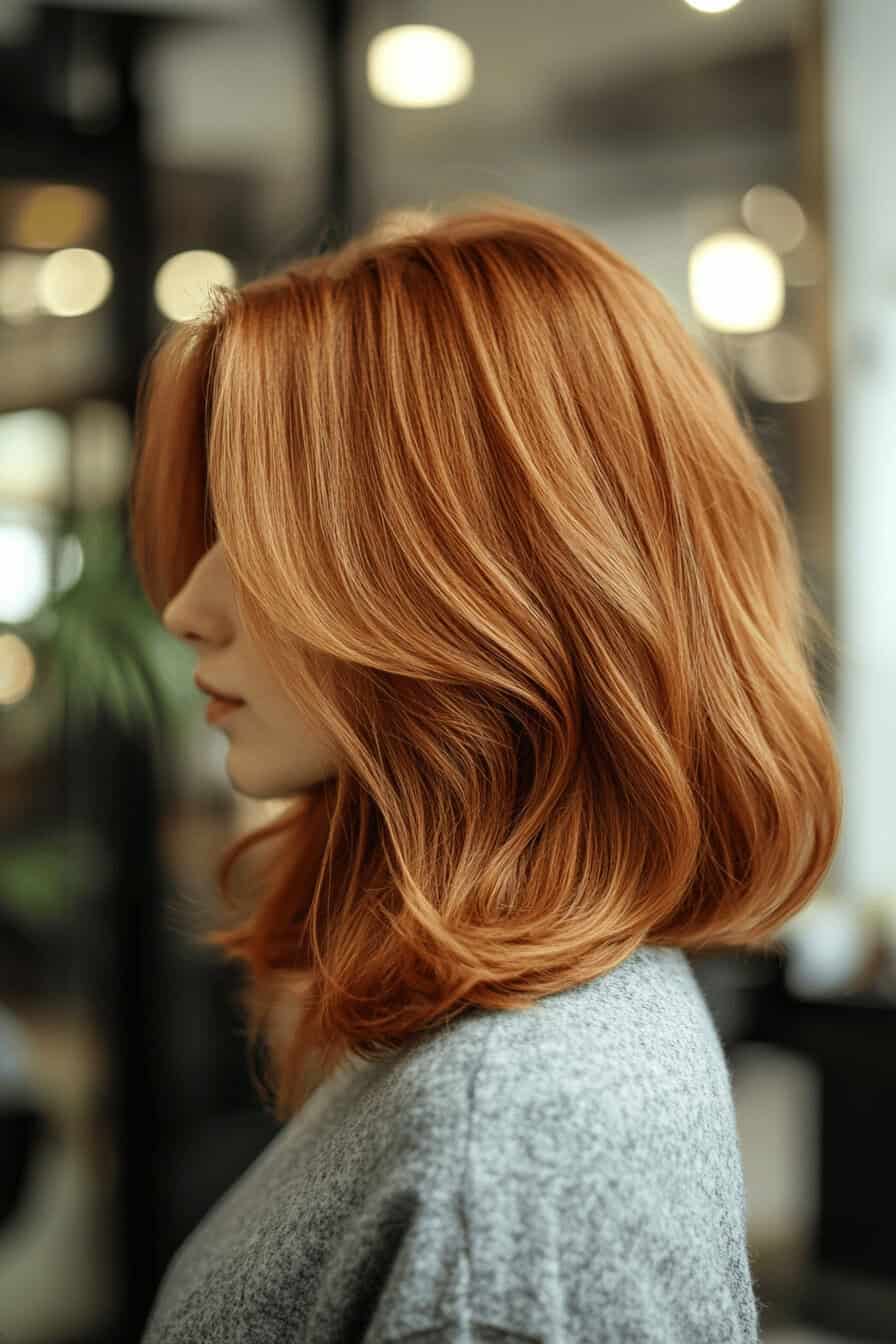 Frau mit langem, erdbeerrotem Bob im Profil.