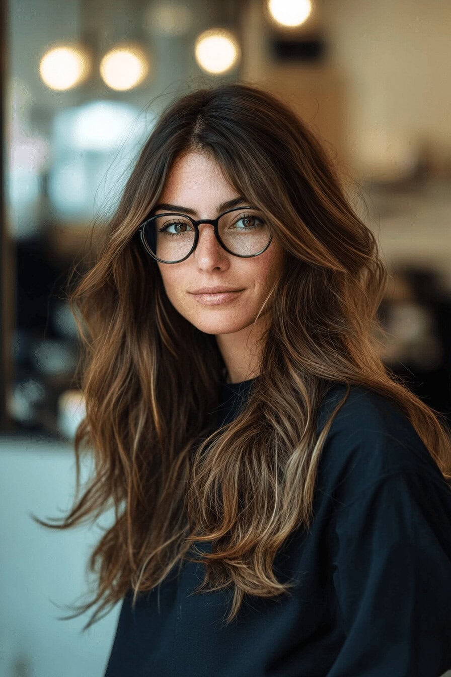 Frau mit langen braunen Haaren und Brille in einem modernen Salon.