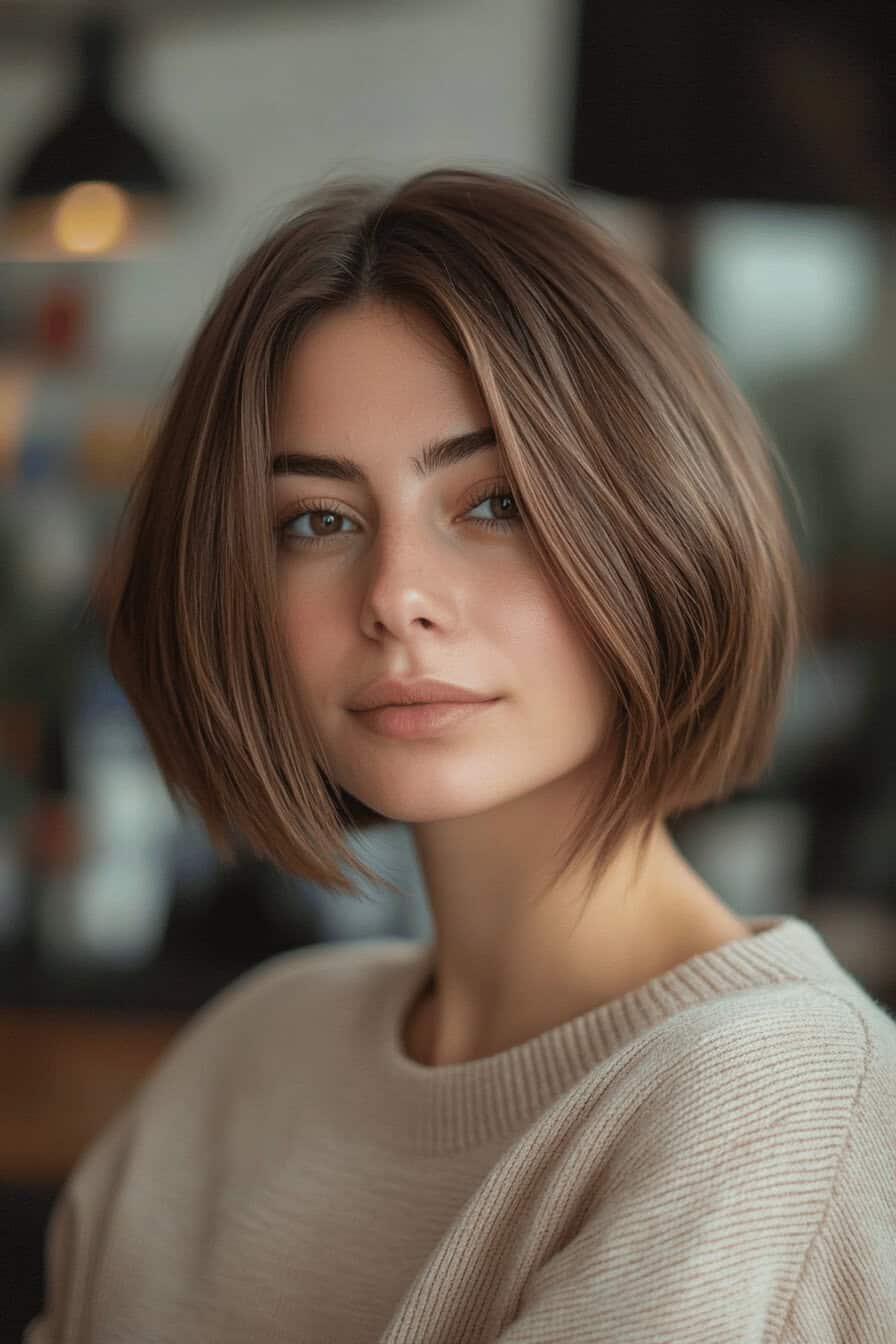 Frau mit Layered Bob Frisur für dünnes Haar.