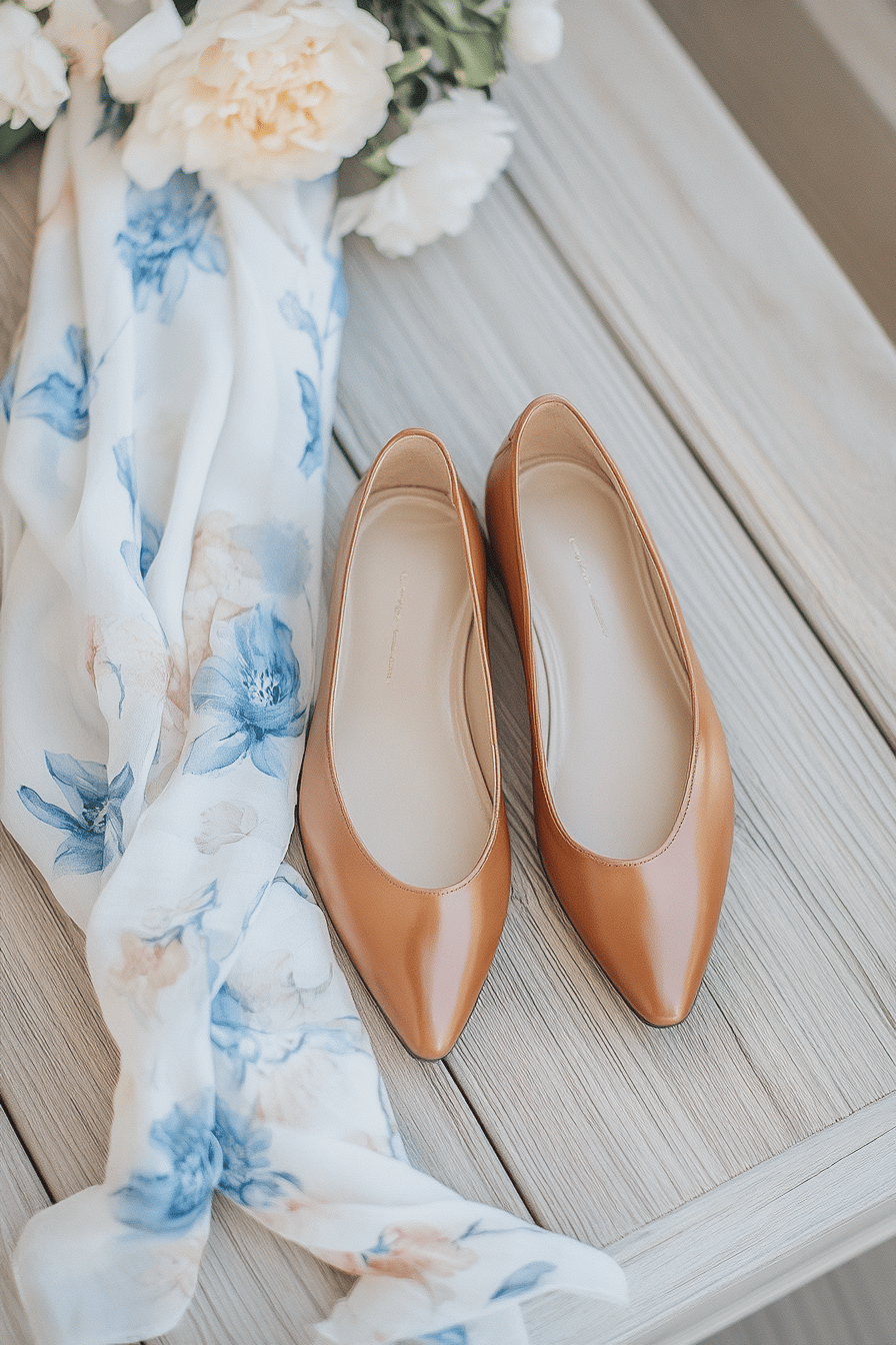 Ein Paar elegante Lederslipper auf einem Holztisch mit einem blumigen Schal und Blumen.