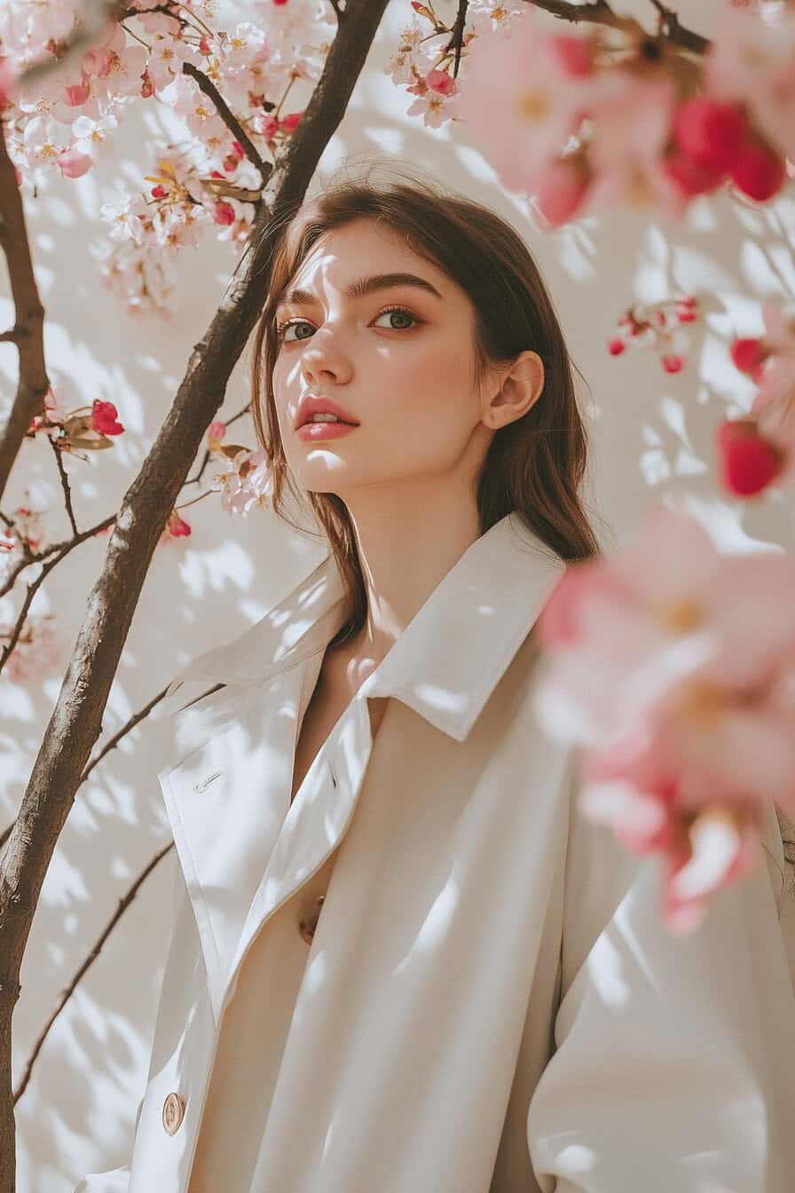 Eine Frau in einem hellen Trenchcoat steht zwischen blühenden Kirschblütenzweigen.