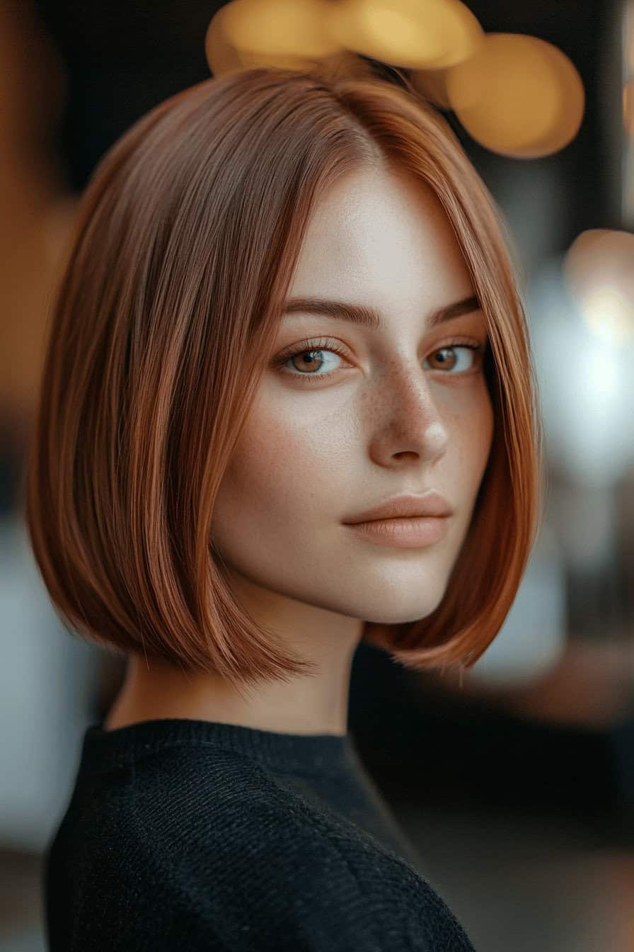 Frau mit elegantem langen Bob, perfekt für runde Gesichter.