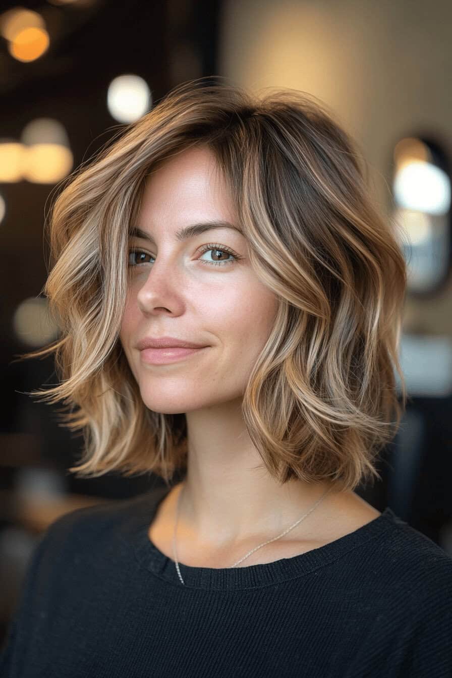 Frau mit mittellangem, welligem Bob in einem modernen Friseursalon.