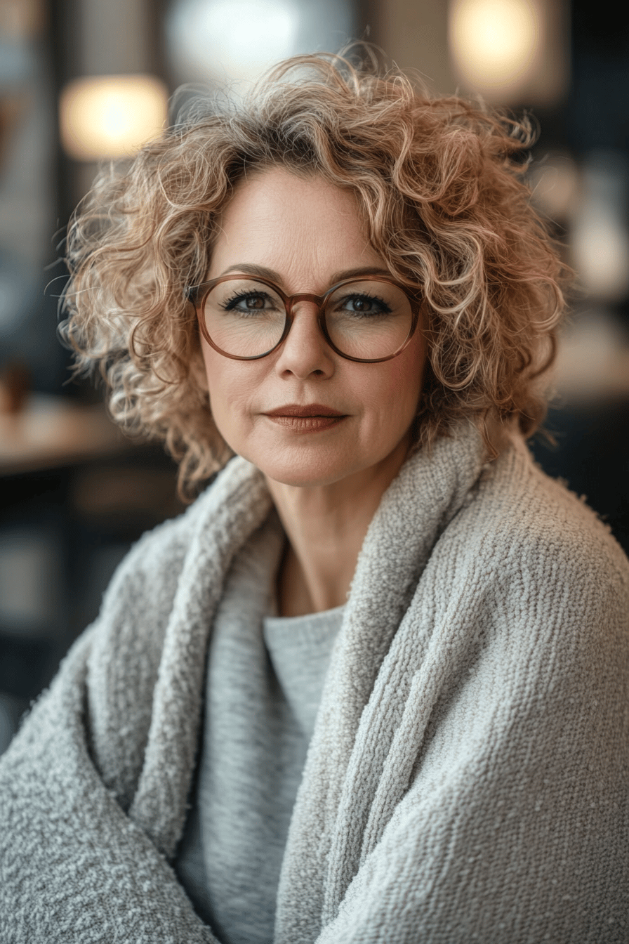 Ältere Frau mit lockigem Haar und Brille, eingewickelt in eine Decke.