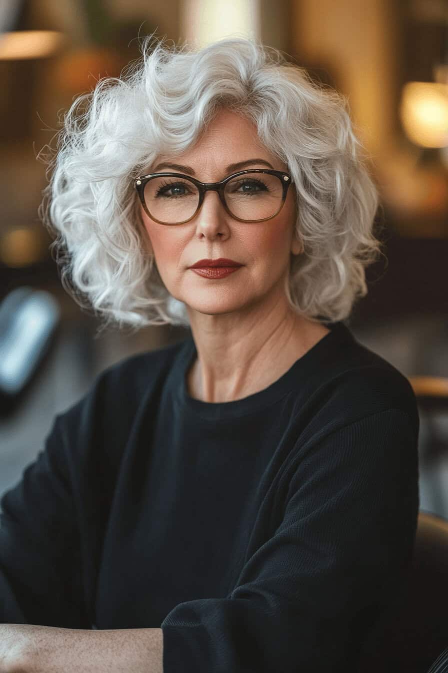 Stilvolle Frau mit grauen lockigen Haaren und Brille.