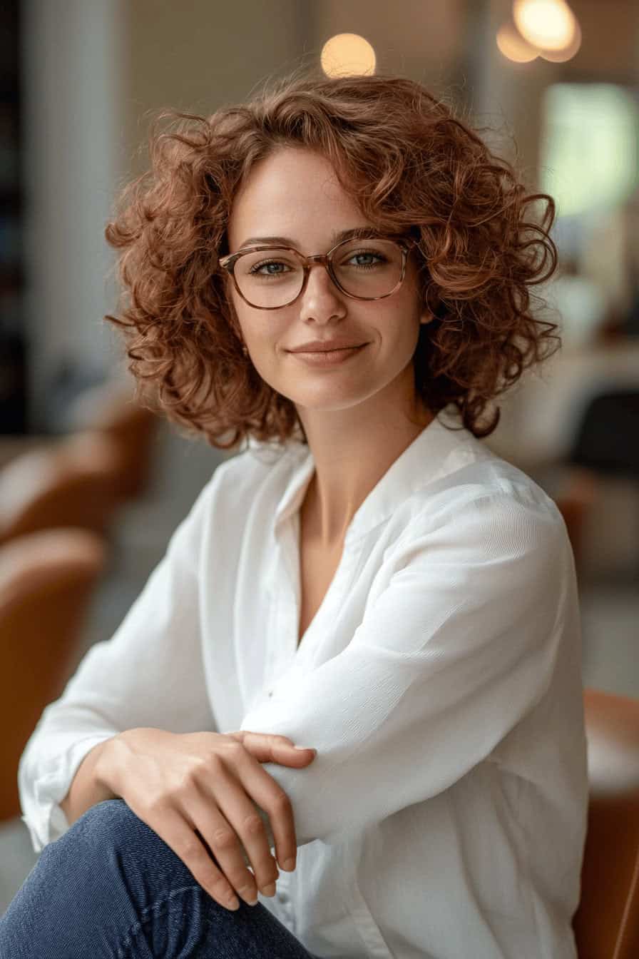 Frau mit lockigem Haar und Brille in einem weißen Hemd.
