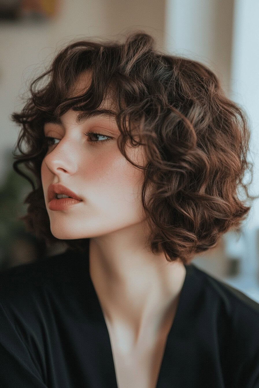 Frau mit lockigem, kinnlangem Bob und dunkler Kleidung.