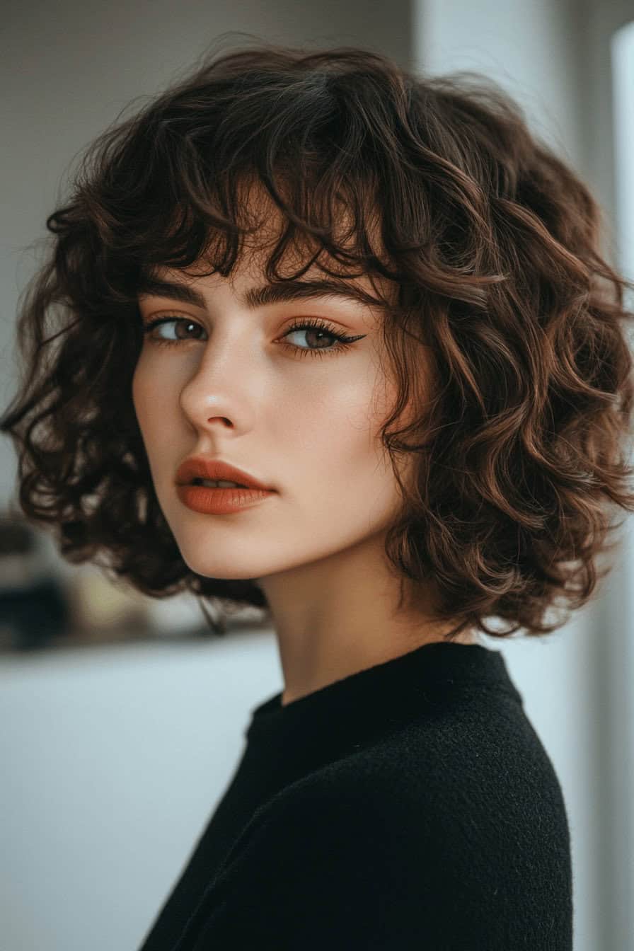 Frau mit lockigem Bob und vollem Haarvolumen.