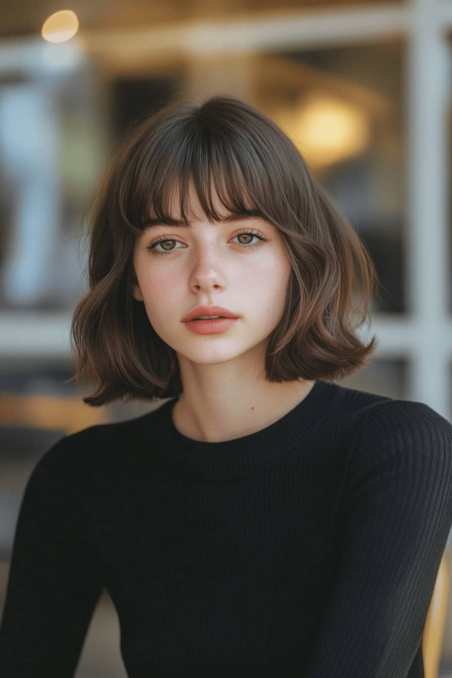 Frau mit Long Bob und Baby Pony, trägt einen schwarzen Pullover.