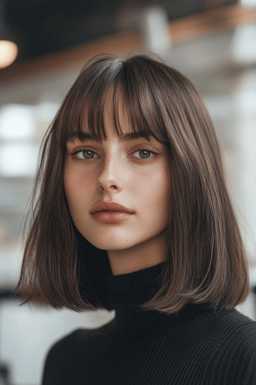 Junge Frau mit einem Long Bob Haarschnitt und Pony.