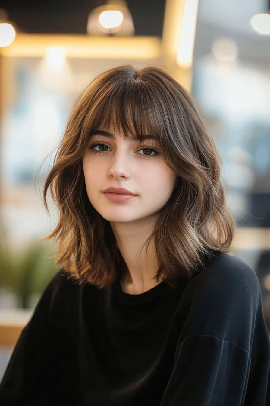 Frau mit einem geschwungenen Long Bob und Pony.