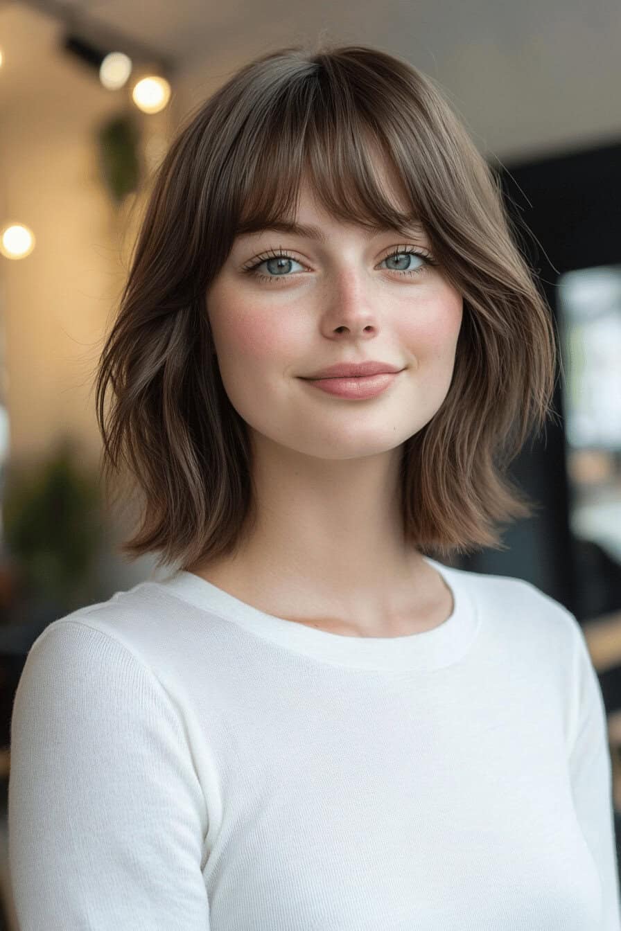 Frau mit kinnlangem Long Bob und Pony, trägt ein weißes Shirt.