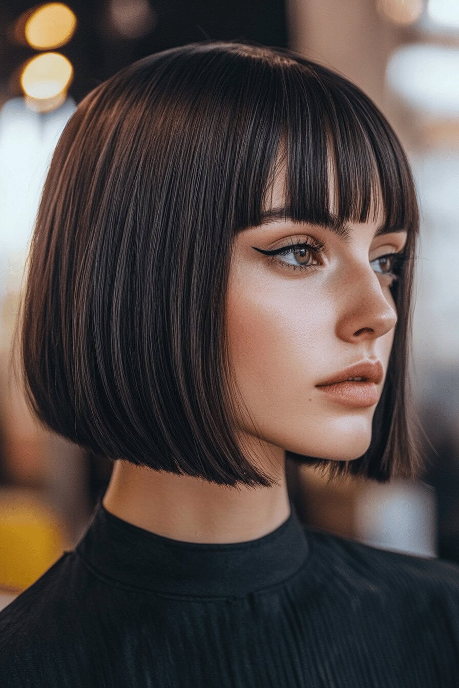 Nahaufnahme eines Frauengesichts mit einem kantigen Long Bob und Pony.