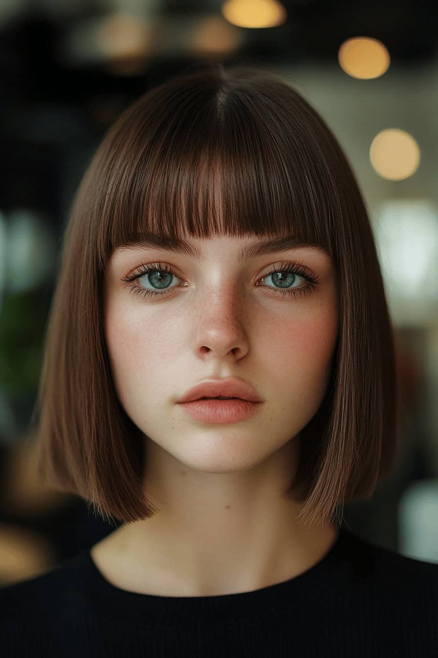 Frau mit braunem Long Bob und natürlichem Pony schaut direkt in die Kamera.