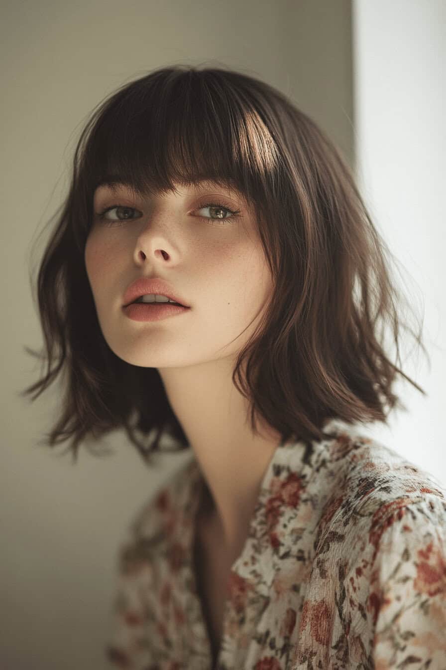 Frau mit schulterlangem, welligem Long Bob und Pony.