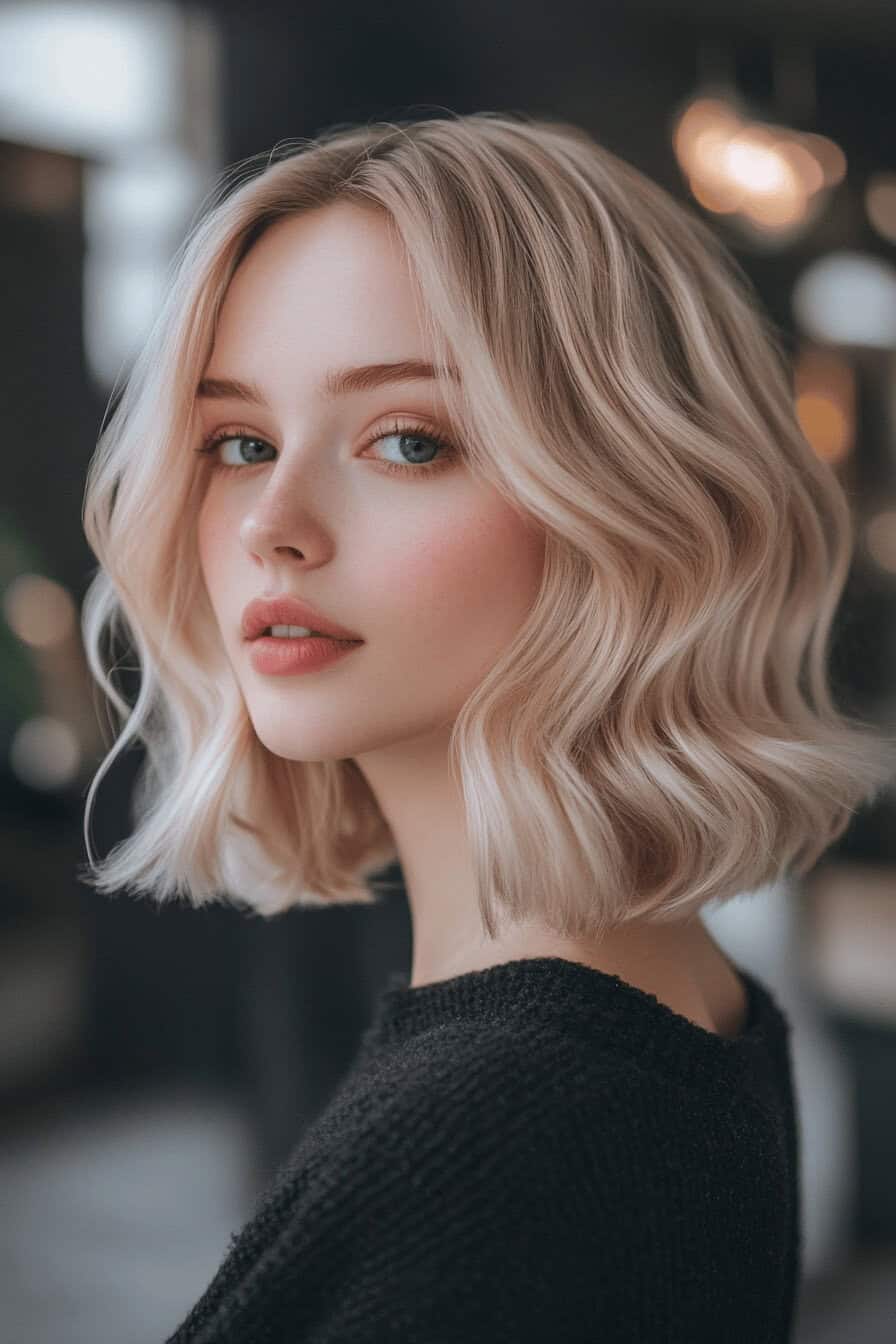 Eine Frau mit blonden, welligen Long Bob Haaren.