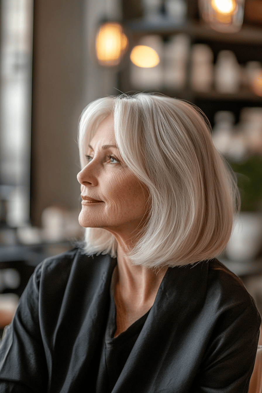 Ältere Dame mit eleganter Long Bob Frisur in einem gemütlichen Raum.