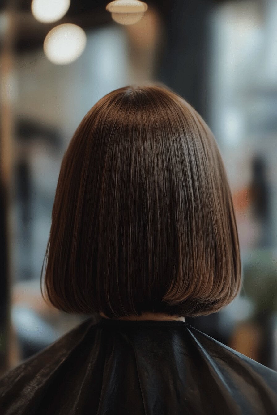 Hinteransicht eines glatten Long Bob Haarschnitts mit gleichmäßig geschnittenen Spitzen.