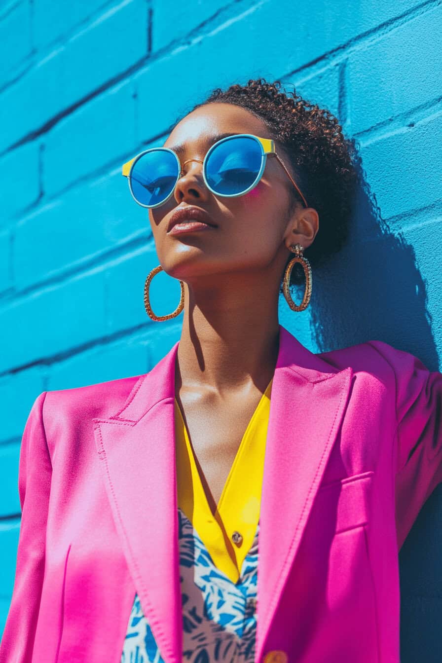 Eine Frau in einem leuchtend pinken Blazer und blauer Sonnenbrille vor einer blauen Wand.
