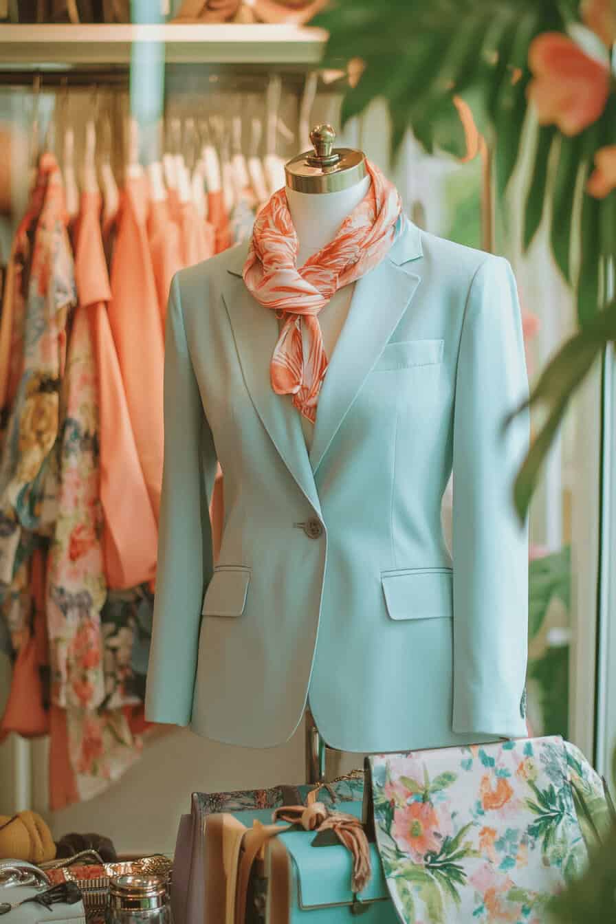 Ein pastellfarbener Blazer auf einer Schneiderpuppe mit buntem Schal vor einem Kleiderständer.