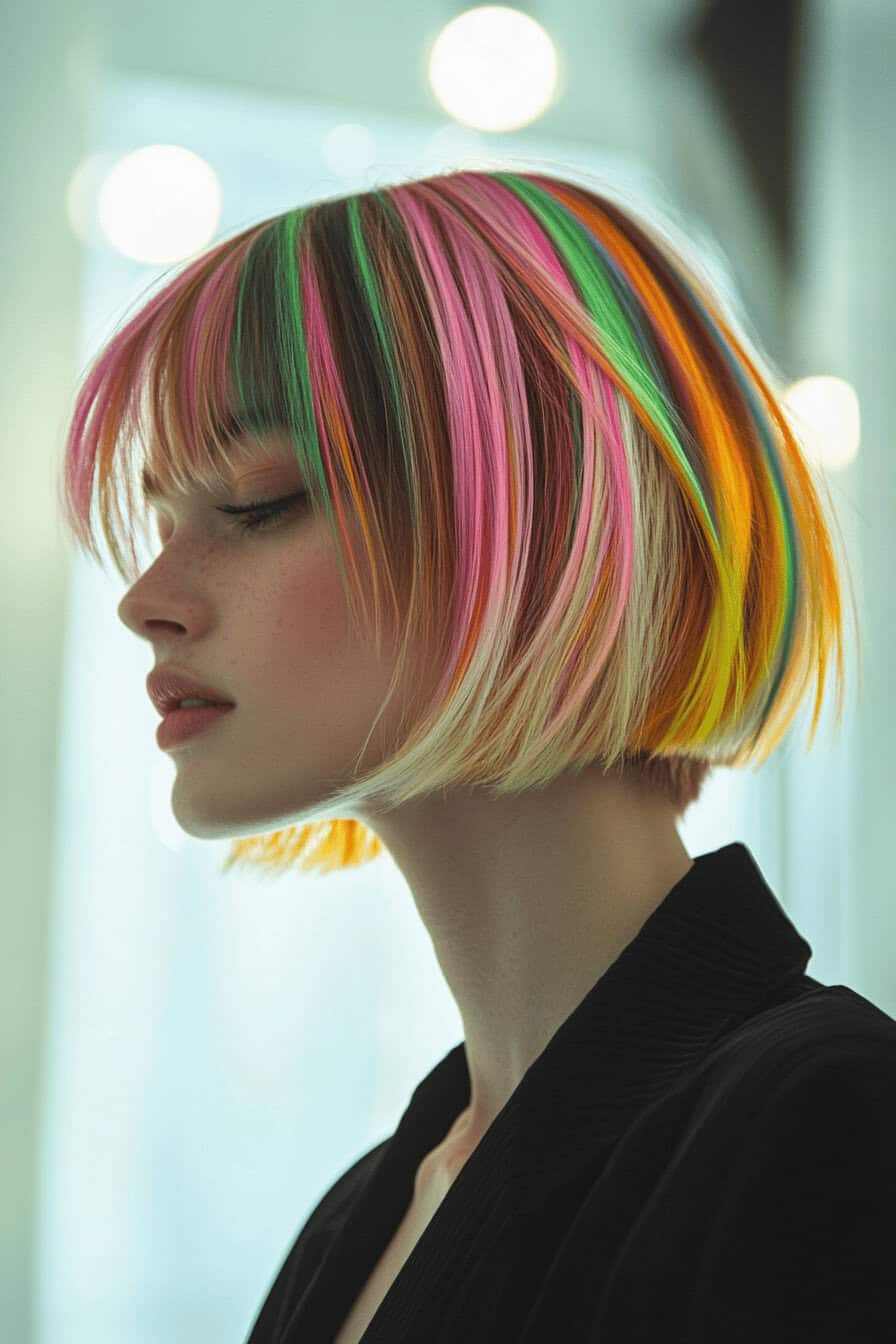 Frau mit mittellangem Bob und bunten Strähnen.
