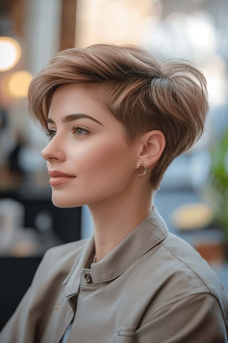 Frau mit stilvollem Pixie Bob für dünnes Haar, seitlich betrachtet.