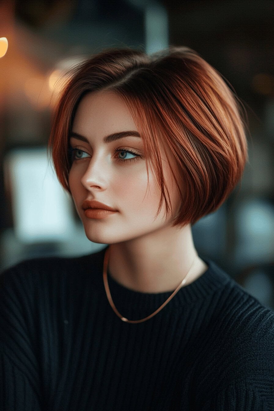 Frau mit stilvollem Pixie Bob und karamellroten Highlights.