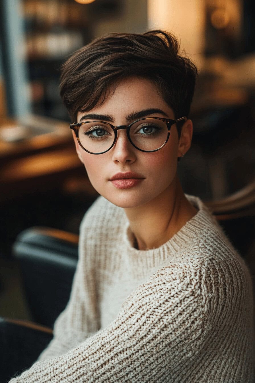 Frau mit modernem Pixie Cut und Brille.