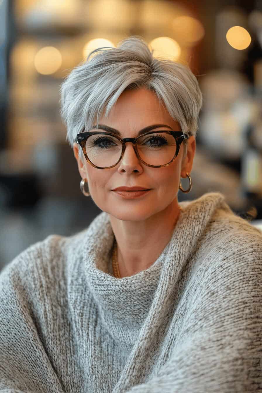 Frau mit modernem Pixie-Schnitt und Brille.