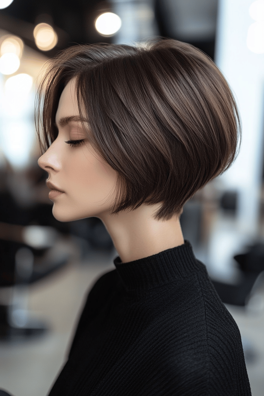 Seitenansicht einer stilvollen Bob-Frisur mit kurzem Nacken in einem Friseursalon.