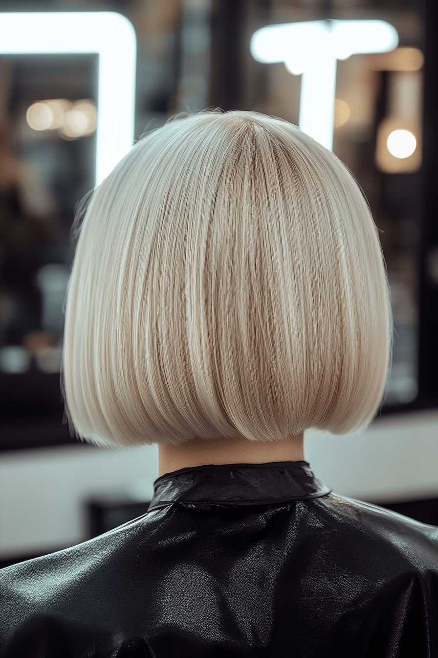 Platinblonder kinnlanger Bob von hinten im Friseursalon.