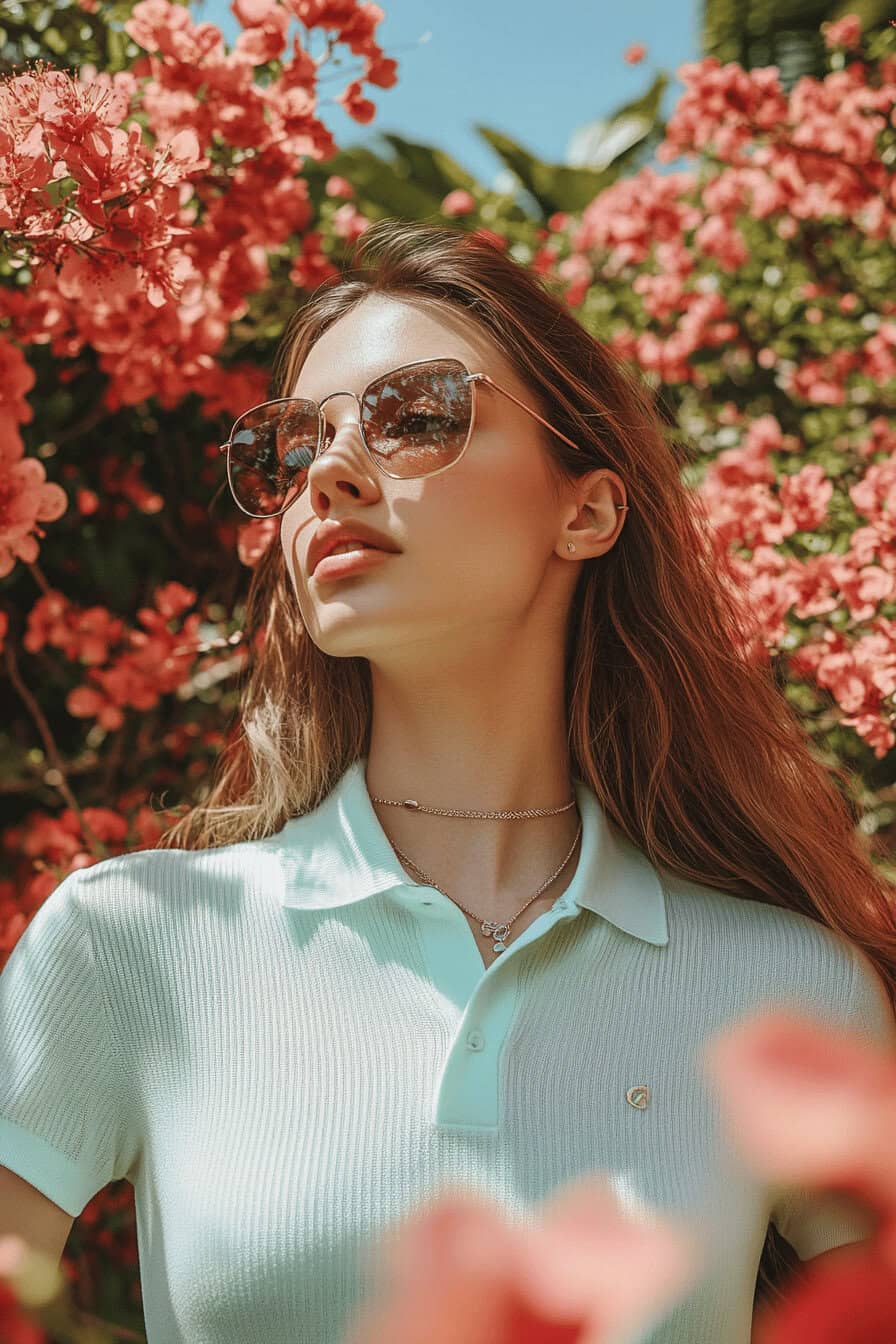 Frau in mintfarbenem Poloshirt vor blühenden Blumen.
