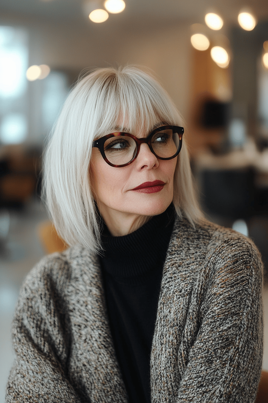 Frau mit Brille und grauem Bob mit Pony.