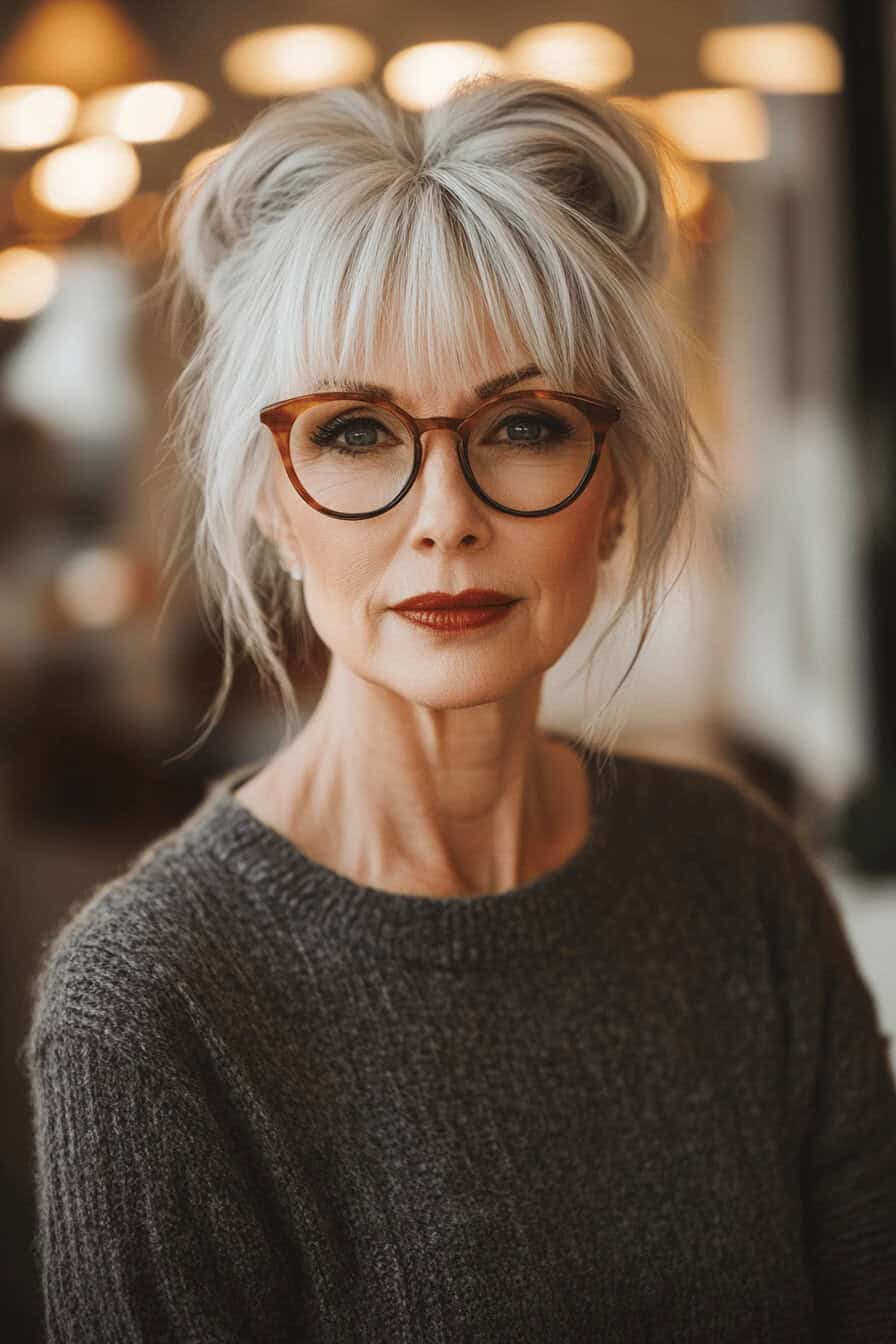 Ältere Frau mit Brille und gepflegter Ponyfrisur.