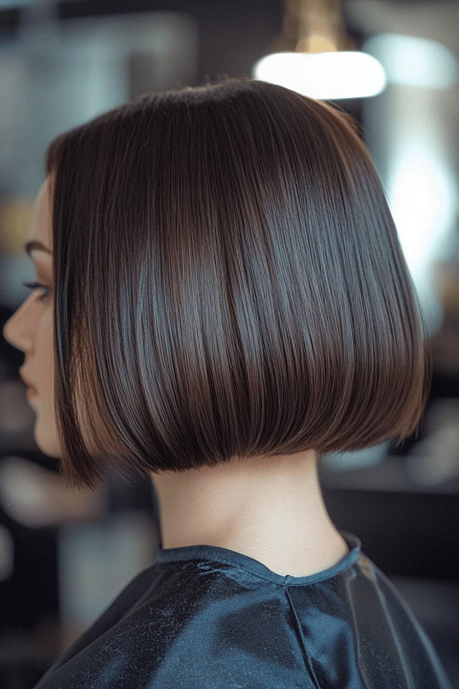 Seitenansicht eines glatten, rückwärts gekehrten Bob-Haarschnitts.