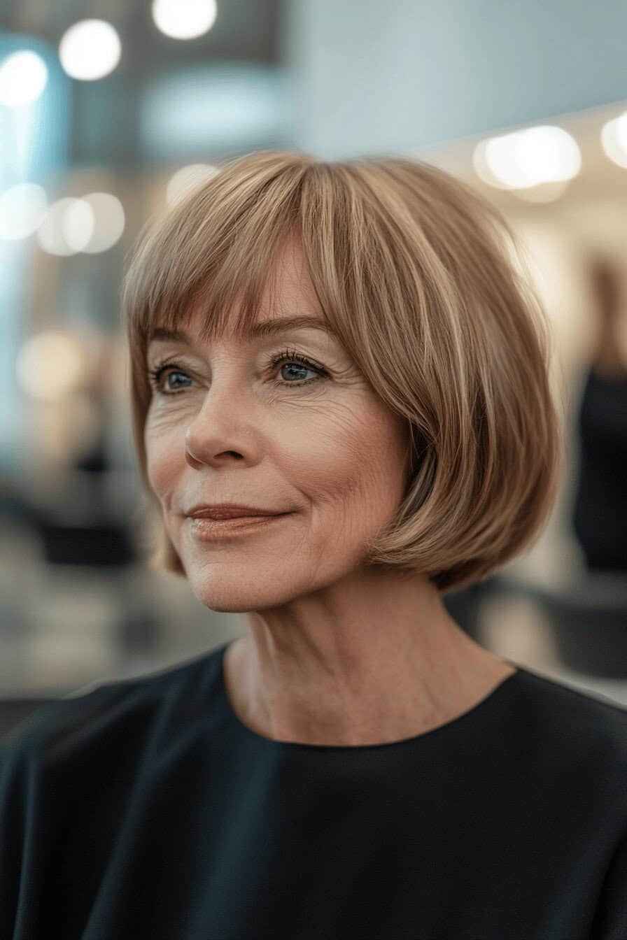 Eine ältere Frau mit einem schlichten, gestuften Bob im Friseursalon.